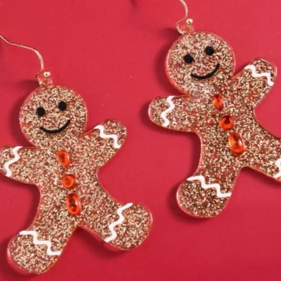 Christmas Glitter Gingerbread Man Drop Earrings - Picture 1 of 5